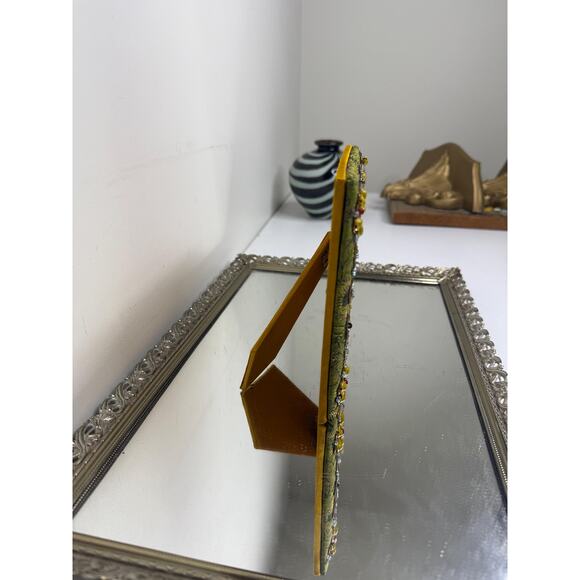 Vintage Boho Hand Embroidered & Beaded Fabric Picture Frame, Green and Yellow - Picture 3 of 10